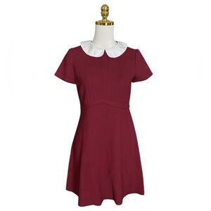 INTREND Women's Peter Pan White Collar Short Sleeves Flare Burgundy Dress Size 2